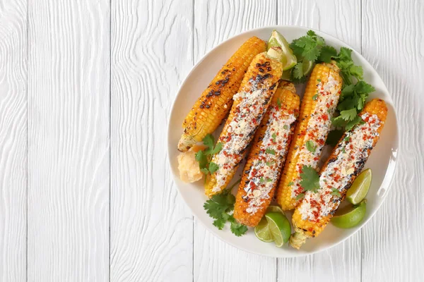 Elotes Grilled Mexican Street Corn Charred Cobs Covered Creamy Mayonnaise — Stock Photo, Image