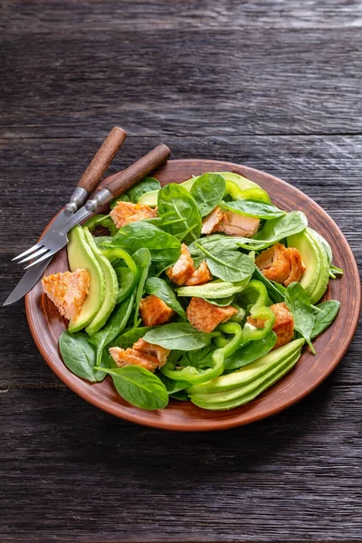 Saumon Épinards Avocat Poivron Vert Salade Sur Une Assiette Rustique — Photo