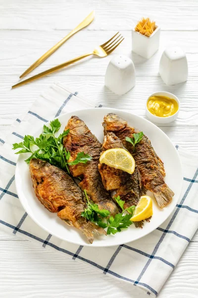 Fried Crucian Carps Golden Crispy Crust White Plate Parsley Lemon — Stock Photo, Image