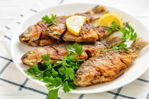 Fried Crucian Carps Golden Crispy Crust White Plate Parsley Lemon — Stock Photo, Image