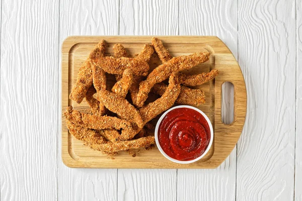 Crunchy Baked Chicken Tenders Wooden Board Tomato Sauce Flat Lay — Stock Photo, Image