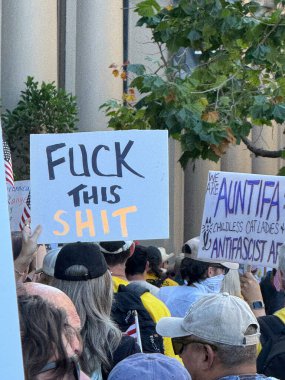 Bir NoKings protestosunda kalabalıktan çıkan el yazısıyla yazılmış cesur bir protesto yazısı, algılanan otoriter görüşe karşı ham duygu ve hayal kırıklığını yakalıyor..