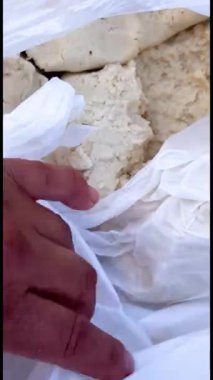 Bir el, geleneksel Latin Amerika yemekleri için şekillendirilmeye hazır taze mısır ezmesi hamuruyla dolu plastik bir torbaya uzanır..