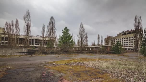 Uitsluitingszone Tsjernobyl Pripyat Landschapsbeelden Van Een Verlaten Stad Hoofdplein Oekraïne — Stockvideo