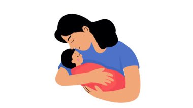 Anne kucağında tatlı bir bebek. Genç anne bebeğine sevgiyle sarılıyor. Emzirme