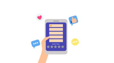 Müşteri 5 'e geri bildirim yapıyor. Ürün değerlendirmesi tatmin edici. Cep telefonu tutan ve beş yıldızlı bir değerlendirme yapan bir elin canlandırması