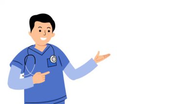 Erkek hemşire boş bir yeri işaret ediyor. Erkek hemşire sunum için boş odayı işaret ediyor.