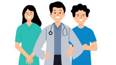 Doktorlar ve hemşirelerin çizgi filmi. Ayakta duran sağlık çalışanlarının animasyonu. Çizgi film sağlık uzmanları. Animasyon doktorlar ve hemşireler