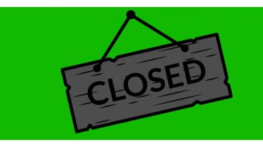 Kapalı tabela mağazası animasyonu. Yeşil ekran arka planında kapalı tabela simgesi. İşaret panosu yeşil arka plandaki dükkan için kapalı. Kapıda asılı levha dükkanı