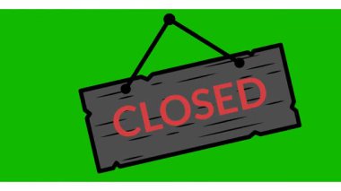 Yeşil arka plandaki dükkan için tabela animasyonu kapatıldı. Kapalı tabela mağazası animasyonu. Yeşil ekran arka planında kapalı tabela simgesi. Kapıda asılı levha dükkanı