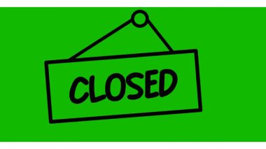 Kapalı tabela mağazası animasyonu. Yeşil ekran arka planında kapalı tabela simgesi. Kapıda asılı levha dükkanı