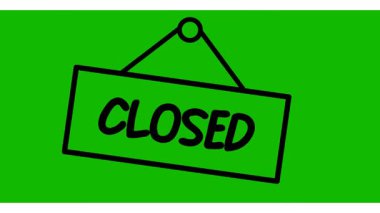 Yeşil ekran arka planında kapalı bir pano simgesinin canlandırması. Yeşil arka plandaki dükkan için 4k 'lık çizgi film panosu kapatıldı. Kapalı tabela dükkanımız var.