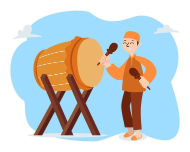 Müslüman adam geleneksel davul çalıyor. Müslüman adam davul çalıyor. Müslüman adam geleneksel davul çalıyor. İslami kutlama