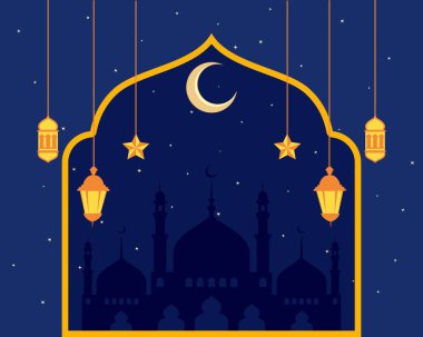 Fener camileriyle ramazan gecesi sahnesi. Ramazan Kareem fener, cami ve yıldızlı gökyüzü hastalığıyla