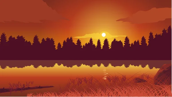 Bosque y lago, puesta del sol — Vector de stock