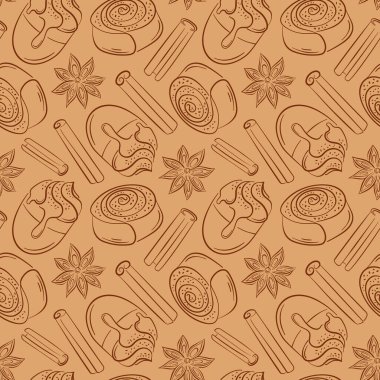 Tarçınlı rulo tarçın, sopa, kahve fincanı ve yıldız anason desenli kusursuz desen. Fırın, pasta teslimatı, mutfak duvar kağıdı, tekstil ve kahvaltı menüsü için ideal
