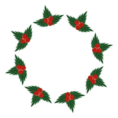 Circular wreath frame with green holly leaf and red berry arranged in circle on white background in flat style. Empty center space for text or design