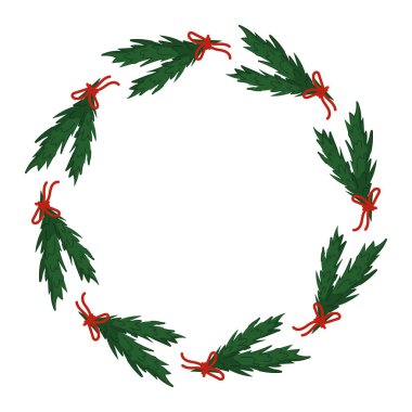 Circular Christmas wreath with green pine branch tied with red bow in flat style. Empty center space for text or design
