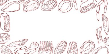 Sanat tarzında et kesikli sınır çerçevesi. Kasap dükkanı tasarımı, mutfak menüsü, yemek tarifi kitabı veya yemek resimlerinde özgeçmiş için ideal