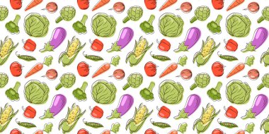 Düz şekilli sebze, lahana, enginar, brokoli, mısır, bezelye, patlıcan, domates, havuç ve biberli beyaz arka plan. Market için tasarım arkaplanı