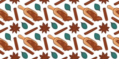 Tarçın çubuklu kusursuz desen, yıldız anason, zemin baharatlı ahşap kepçe ve beyaz arka planda yeşil yaprak. Aşçılık, pişirme veya pişirme teması için tasarım