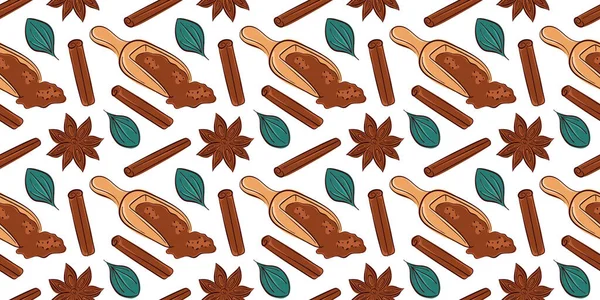 Tarçın çubuklu kusursuz desen, yıldız anason, zemin baharatlı ahşap kepçe ve beyaz arka planda yeşil yaprak. Aşçılık, pişirme veya pişirme teması için tasarım