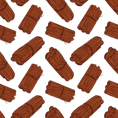 Tarçın çubuğunun pürüzsüz deseni beyaz bir arka planda düz bir zemine bağlanmış. Yiyecek paketi ya da mutfak dekorasyonu için tasarım