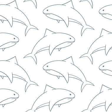 Denizcilik ve okyanus temalı tasarım için beyaz arka planda yüzen hatsız bir sanat tarzı köpekbalığı deseni.