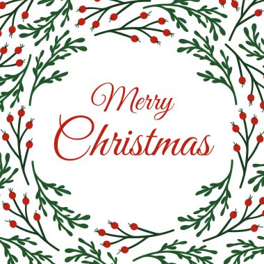 Yeşil dalı ve kırmızı böğürtlenli Noel kartı. Düz arkaplan üzerinde karşılama metni bulunan neşeli dairesel sınır