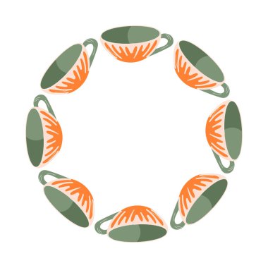 Düz biçimde modern seramik çay kupası çelengi. Tasarım kartı için yeşil saplı ve soyut süslemeli porselen kahve ya da çay fincanı.