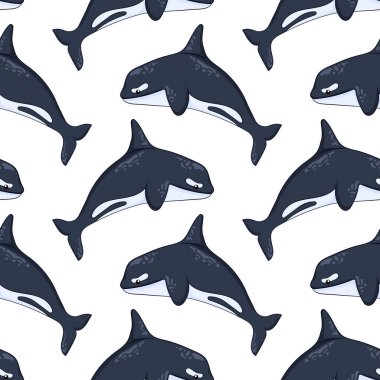 Çizgi film tarzında kusursuz katil balina deseni. Beyaz arka planda yaz baskısı için deniz altı hayvan tasarımı