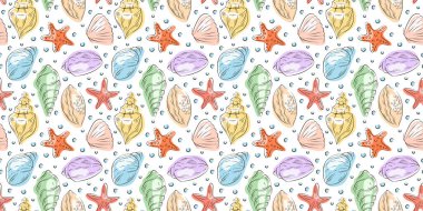Deniz kabuğu ve baloncuklu deniz yıldızı pürüzsüz desen. Plaj dekorasyonu ve deniz sanatları için okyanus temalı tasarım