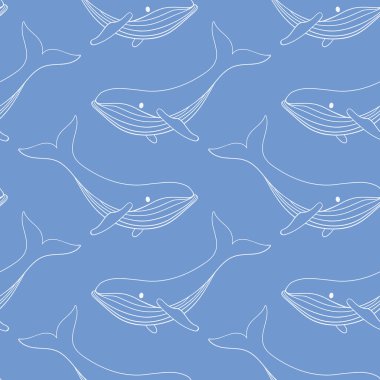 Kambur balina, mavi arka planda sanat tarzında kusursuz bir desen çiziyor. Yaz mevsimi için deniz altı hayvan duvar kağıdı.