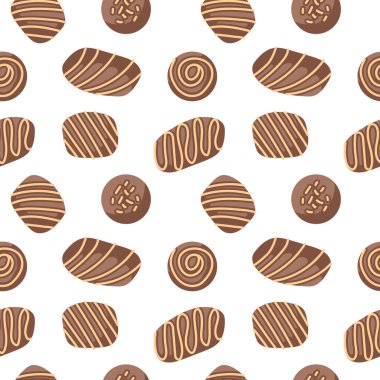 Çeşit çeşit çikolatalı şekerler ve beyaz arka planda serpiştirilmiş pralinle kusursuz bir desen. Düz biçim illüstrasyonu