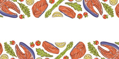 Somon filetosu, kuşkonmaz, limon ve otlu deniz ürünleri çizimi. Beyaz yemek geçmişi, menü, tarif, poster ve mutfak tasarımı için ideal