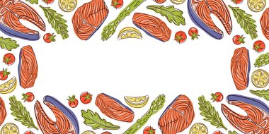 Somon bifteği, kuşkonmaz, limon ve otlarla kaplı deniz ürünleri sınırı. Menü, yemek tarifi kitabı ve mutfak tasarımı için beyaz arka plan