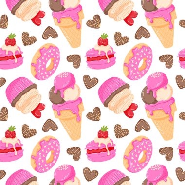 Kusursuz bir Sevgililer Günü tatlı şablonu dondurma, çörek, kurabiye ve kalp kurabiyesi. Duvar kâğıdı, kart, tekstil ve romantik tasarım için şirin düz çizim arkaplanı