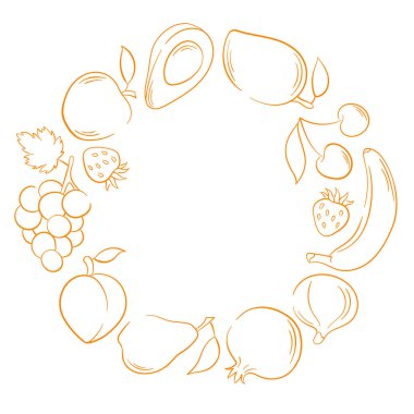 Sanat tarzında elma, muz, armut, avokado, üzüm ve çilek desenli meyve çelengi. Sağlıklı tasarım, paket ve kart için beyaz arkaplanda dekoratif sınır