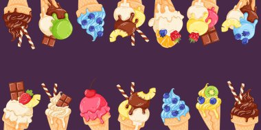 Çizgi film tarzında meyveli, çikolatalı ve şuruplu renkli dondurma külahı. Menü, poster, yaz partisi ve tatlı tasarımı için resim