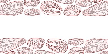 Çizgili somon filetosu ile sınır. Paket, menü, tekstil, duvar kağıdı ve kart tasarımı için beyaz arkaplan üzerinde deniz ürünleri resimlemesi