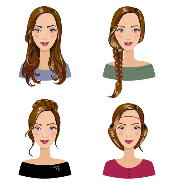 Conjunto de hermosas chicas jóvenes con varios peinados . — Vector de stock