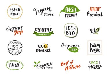 Doğal ürün logoları, etiketleri ve simgeleri için el yazısı ve el yazısı. Organik ve biyolojik elementlerin toplanması. 