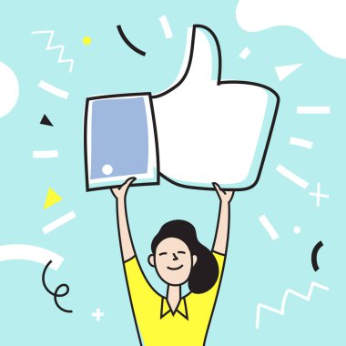 Kız baş parmağıyla işaret kaldırıyor. Sosyal medya için illüstrasyon. Vektör illüstrasyonu.