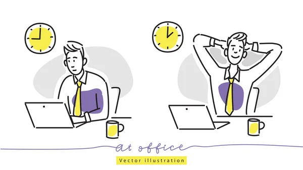 Dibujo Mano Ilustración Dos Hombres Oficina Uno Está Trabajando Portátil — Archivo Imágenes Vectoriales