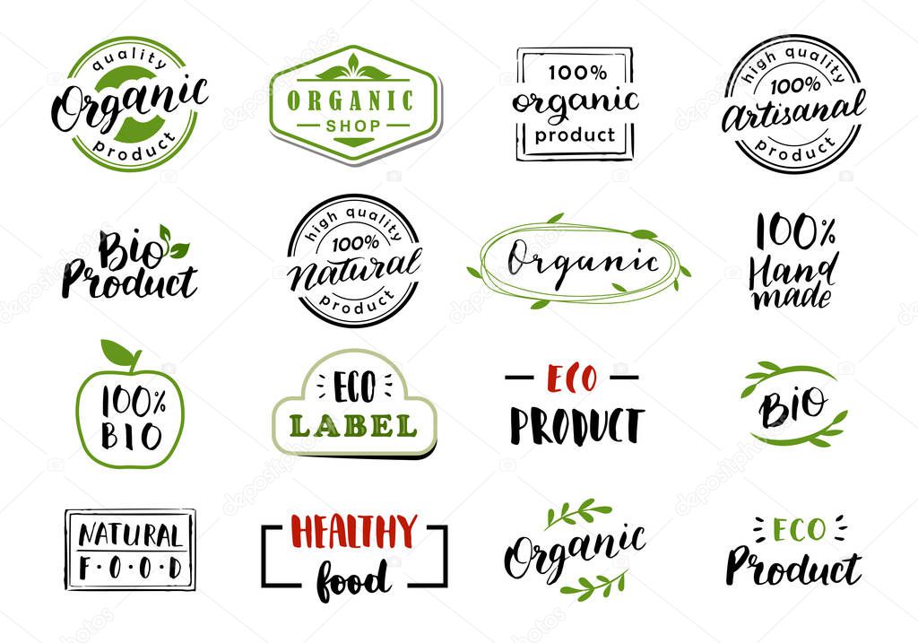 Hand drawn lettering and calligraphy for natural product logos, labels and icons. Collection of organic and bio elements. 