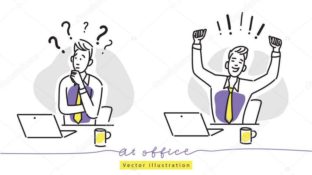 Hand drawing illustration of two men. One is asking questions. The other solves problems.