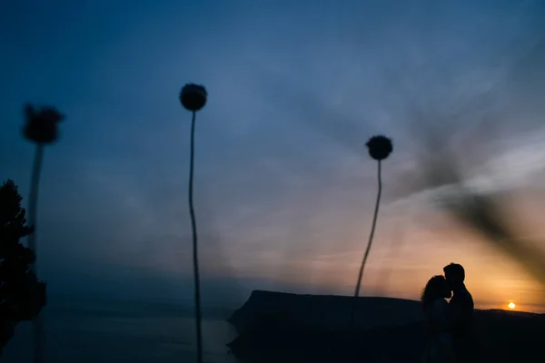 Silhueta de um casal amoroso beijando no por do sol — Fotografia de Stock