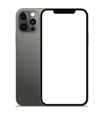 Anapa, Rusya Federasyonu - 20 Ekim 2020: New Graphite Color Iphone 12 Pro Max, ön ve arka taraf. Akıllı telefon beyaz ekran ile modellenir. Uygulama, web, sunum, tasarım.
