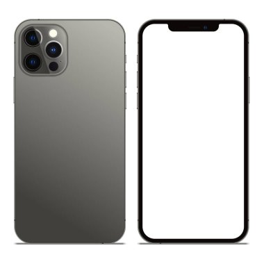 Anapa, Rusya Federasyonu - 20 Ekim 2020: New Graphite Color Iphone 12 Pro Max, ön ve arka taraf. Akıllı telefon beyaz ekran ile modellenir. Uygulama, web, sunum, tasarım.