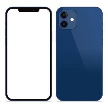 Anapa, Rusya Federasyonu - 20 Ekim 2020: New Blue Color Iphone 12, ön ve arka taraf. Akıllı telefon beyaz ekran ile modellenir. Uygulama, web, sunum, tasarım.
